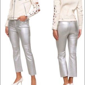 Current/Elliott High Waist Crop Kick Flare-Leg Leather Silver Metallic Pants 27